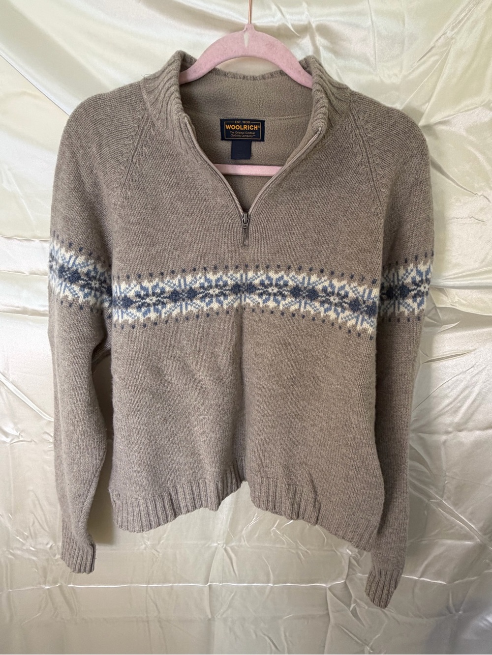 Woolrich Womens L 100% Lambswool Fair Isle Sweater 1/4 Zip Nordic British Tan